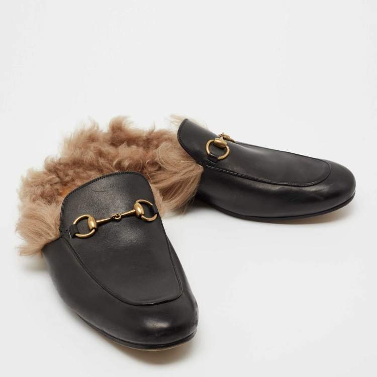 Pre Owned Gucci Black Leather and Fur Lined Princetown Flat Mules Size 44