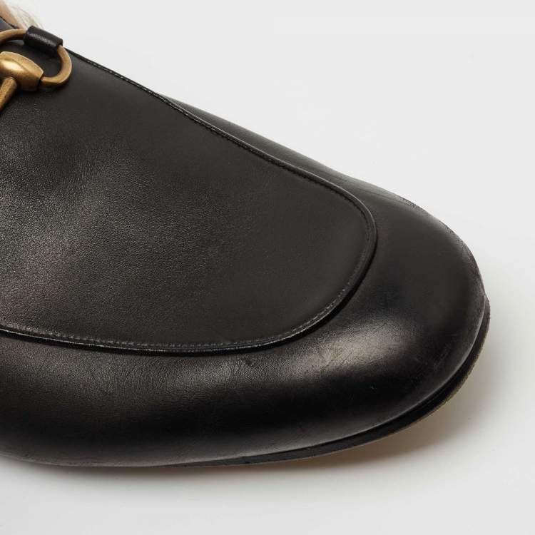 Pre Owned Gucci Black Leather and Fur Lined Princetown Flat Mules Size 44