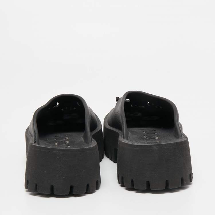 Pre Owned Gucci Black Perforated GG Rubber Platform Mules Size 40