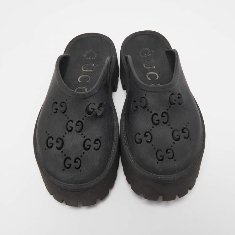 Pre Owned Gucci Black Perforated GG Rubber Platform Mules Size 40