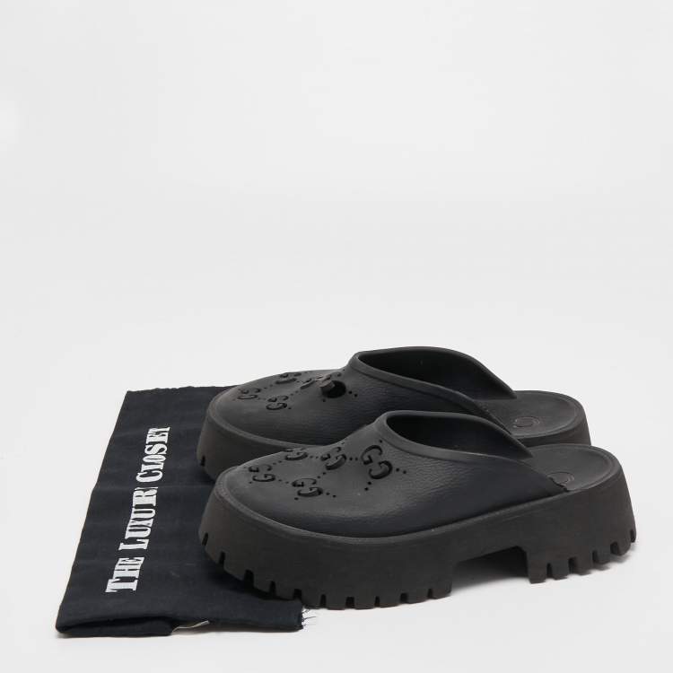 Pre Owned Gucci Black Perforated GG Rubber Platform Mules Size 40