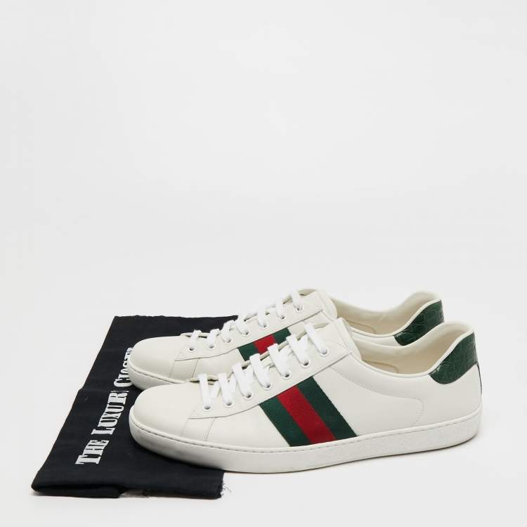 Pre Owned Gucci White Leather Web Ace Low Top Sneakers Size 45.5