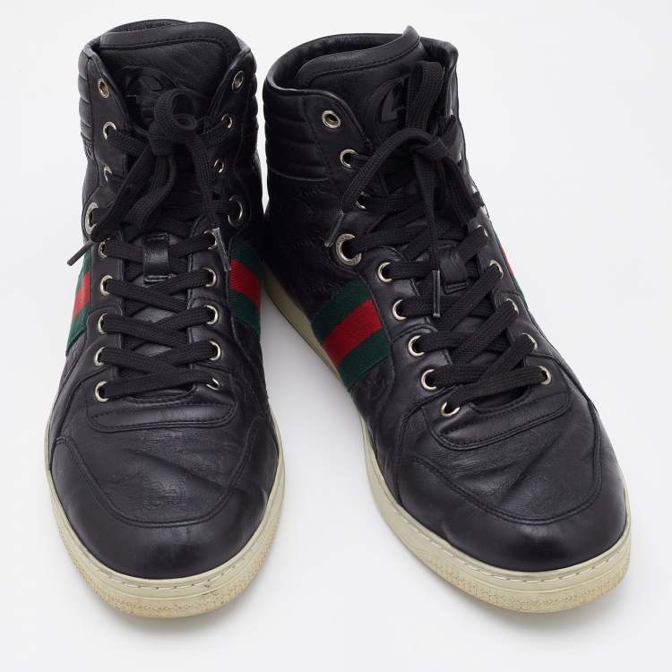 Pre Owned Gucci Black Guccissima Leather Web Detail High Top Sneakers Size 41.5