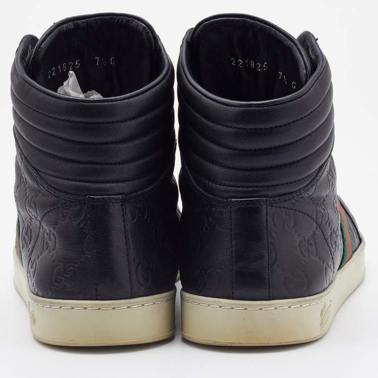 Pre Owned Gucci Black Guccissima Leather Web Detail High Top Sneakers Size 41.5