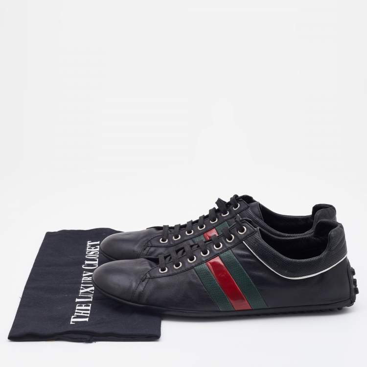 Pre Owned Gucci Black Leather Web Detail Low Top Sneakers Size 42.5