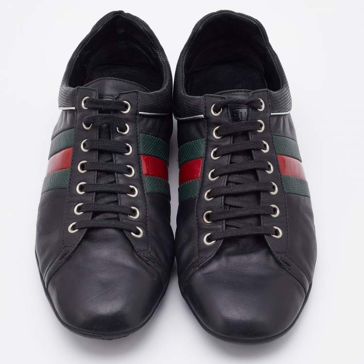 Pre Owned Gucci Black Leather Web Detail Low Top Sneakers Size 42.5