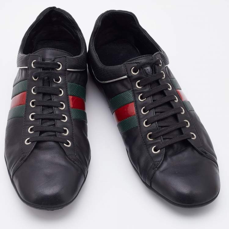 Pre Owned Gucci Black Leather Web Detail Low Top Sneakers Size 42.5