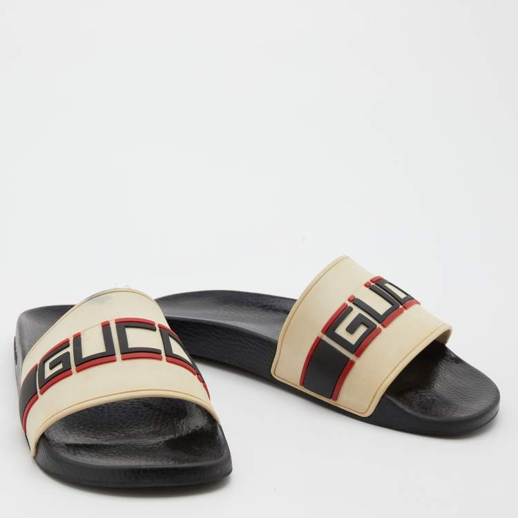 Pre Owned Gucci Off-White Rubber Logo Slide Sandals Size 42