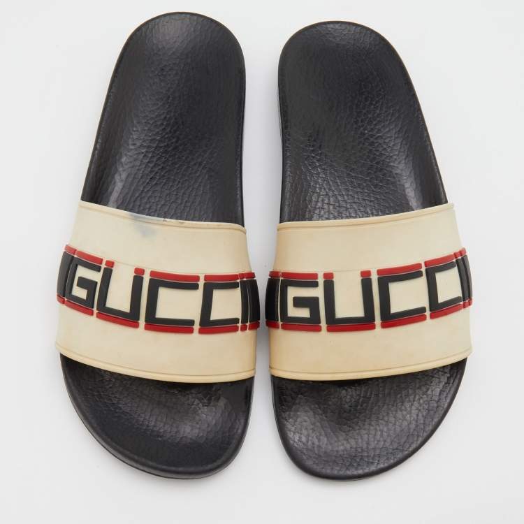 Pre Owned Gucci Off-White Rubber Logo Slide Sandals Size 42