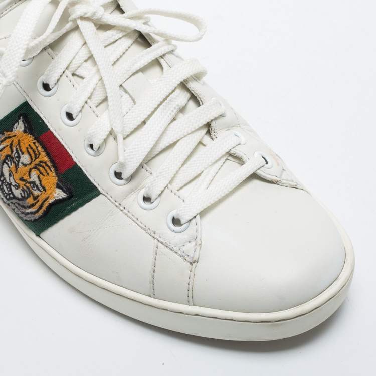 Pre Owned Gucci White Leather Tiger Applique Ace Sneakers Size 39.5