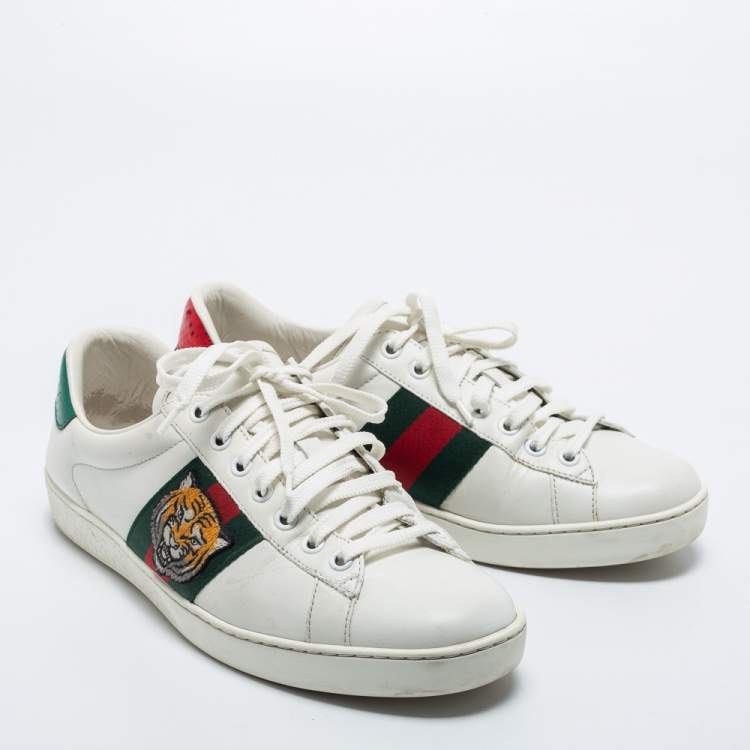 Pre Owned Gucci White Leather Tiger Applique Ace Sneakers Size 39.5