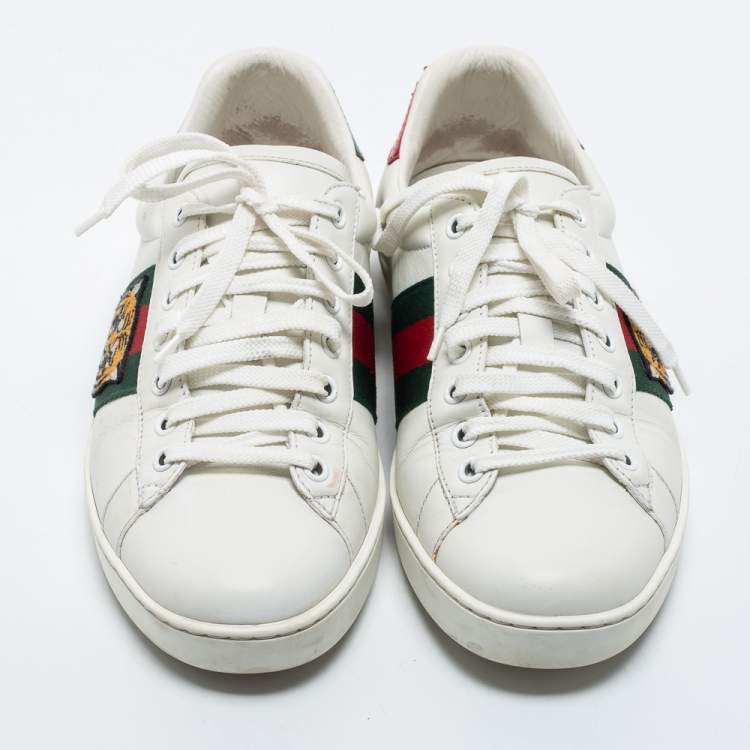 Pre Owned Gucci White Leather Tiger Applique Ace Sneakers Size 39.5