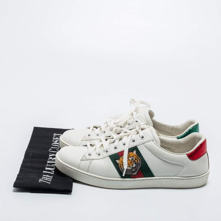 Pre Owned Gucci White Leather Tiger Applique Ace Sneakers Size 39.5