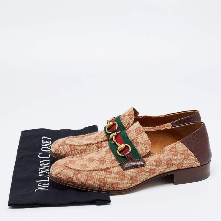 Pre Owned Gucci Brown/Beige GG Canvas and Leather Horsebit Web Loafers Size 41
