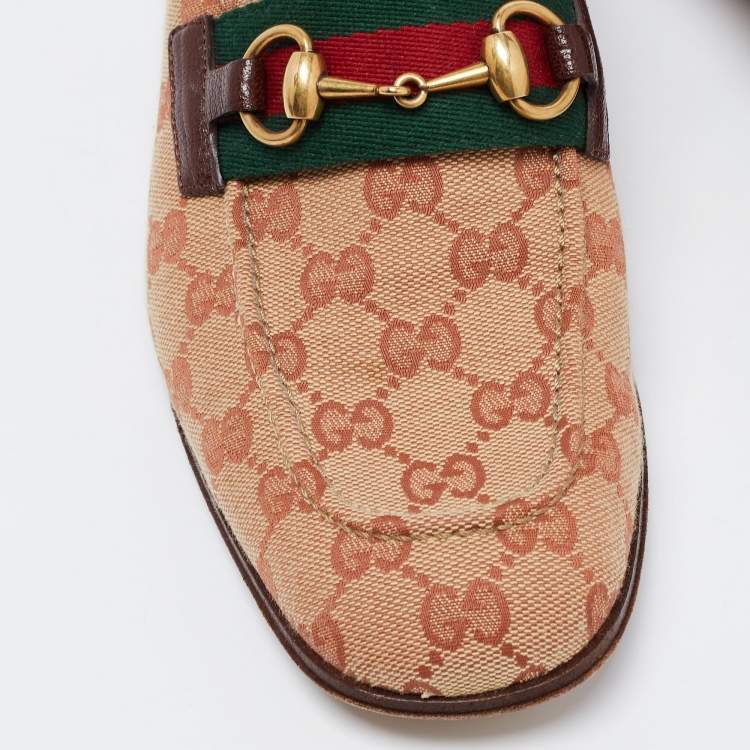 Pre Owned Gucci Brown/Beige GG Canvas and Leather Horsebit Web Loafers Size 41