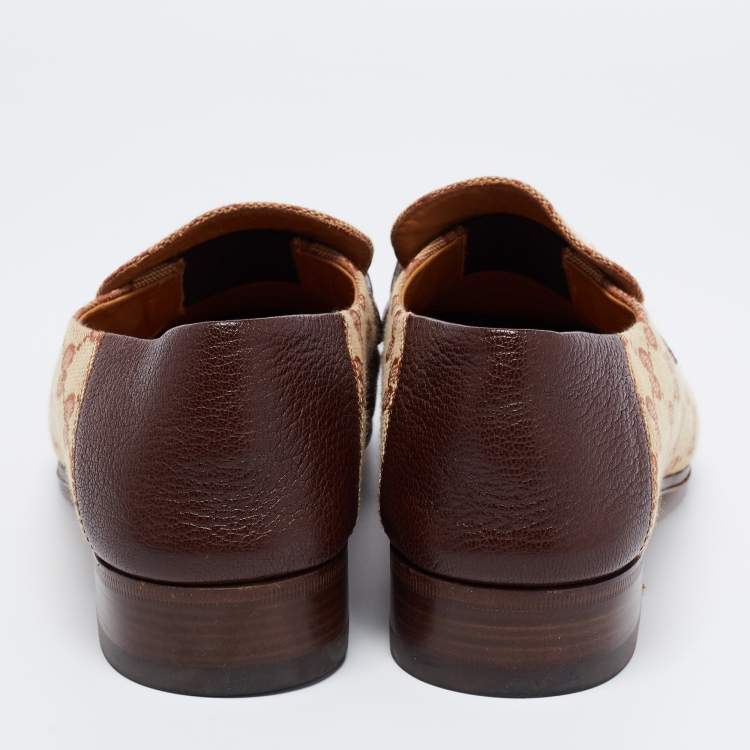 Pre Owned Gucci Brown/Beige GG Canvas and Leather Horsebit Web Loafers Size 41