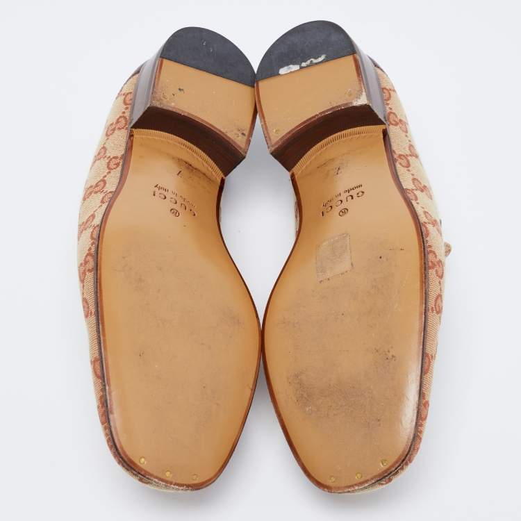 Pre Owned Gucci Brown/Beige GG Canvas and Leather Horsebit Web Loafers Size 41