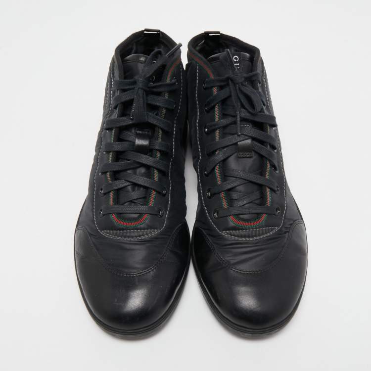 Pre Owned Gucci Black Leather and Nylon GG High Top Sneakers Size 41