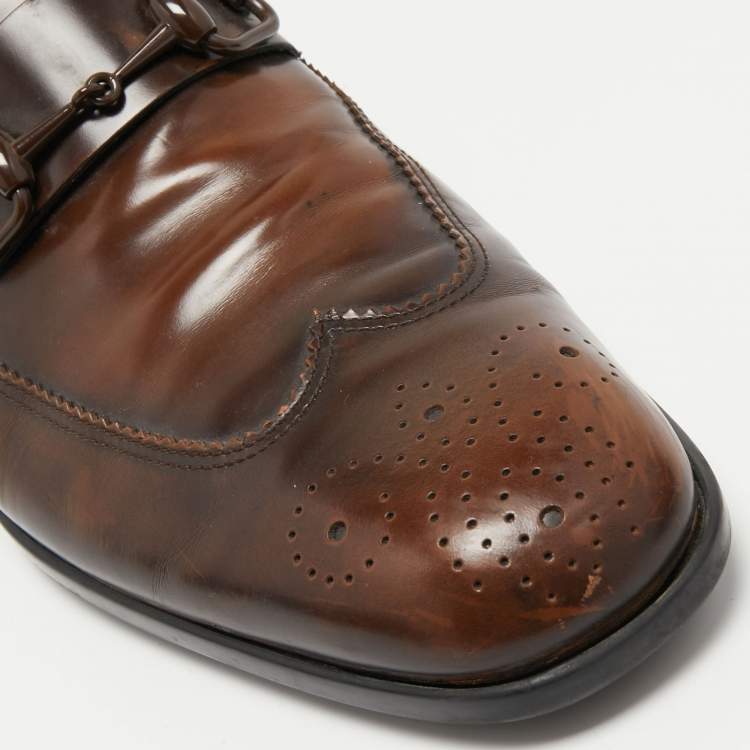 مملوكة مسبقًا Gucci Brown Brogue Wingtip Leather Horsebit Loafers Size 44.5