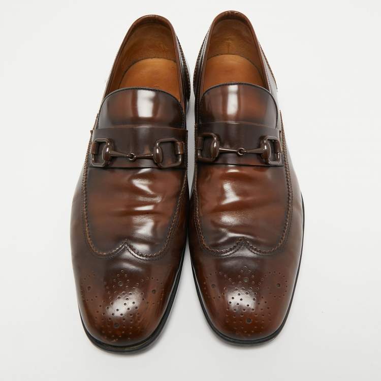 مملوكة مسبقًا Gucci Brown Brogue Wingtip Leather Horsebit Loafers Size 44.5