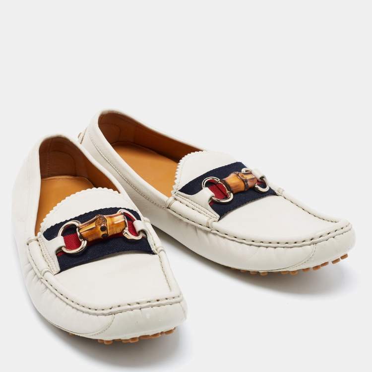 Pre Owned Gucci White Leather Web Bamboo Horsebit Loafers Size 40