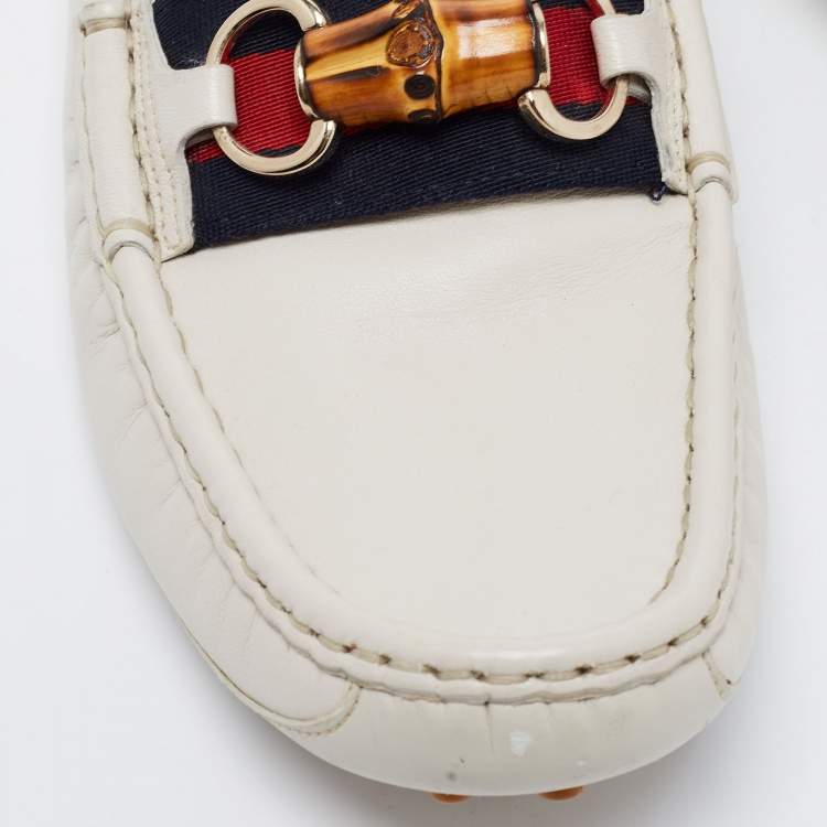 Pre Owned Gucci White Leather Web Bamboo Horsebit Loafers Size 40