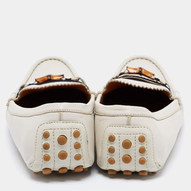 Pre Owned Gucci White Leather Web Bamboo Horsebit Loafers Size 40