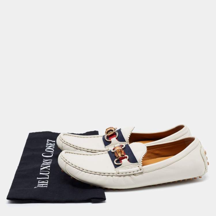 Pre Owned Gucci White Leather Web Bamboo Horsebit Loafers Size 40