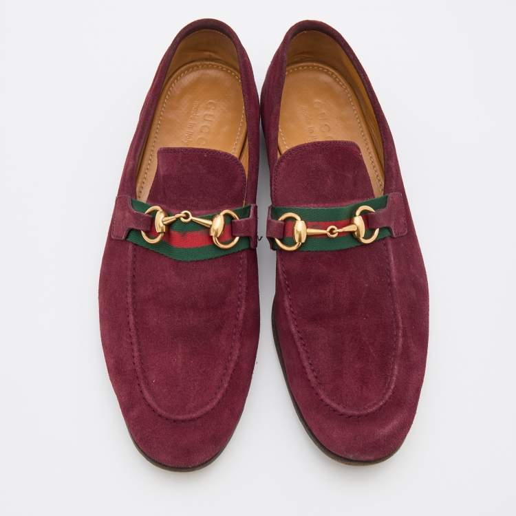 Pre Owned Gucci Burgundy Suede Web Horsebit Slip On Loafers Size 42