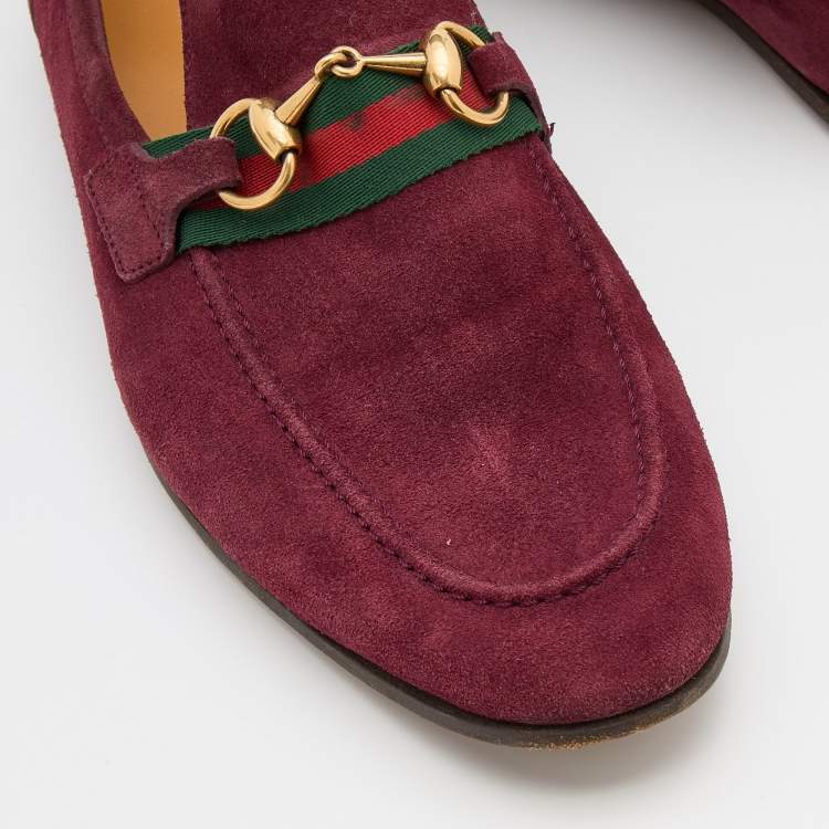 Pre Owned Gucci Burgundy Suede Web Horsebit Slip On Loafers Size 42