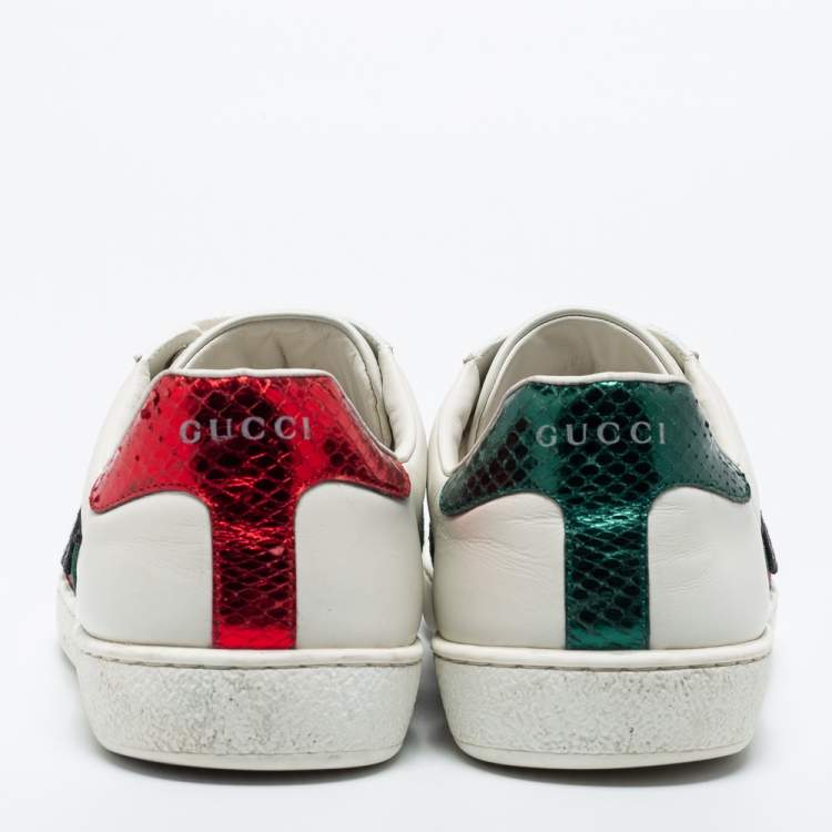 Pre Owned Gucci White Leather Ace Embroidered Snake Sneakers Size 42