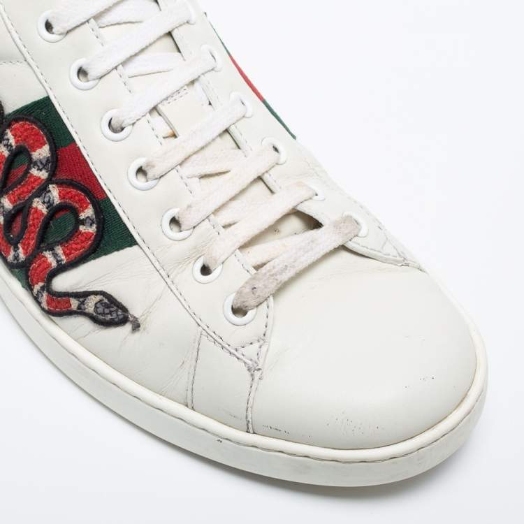 Pre Owned Gucci White Leather Ace Embroidered Snake Sneakers Size 42