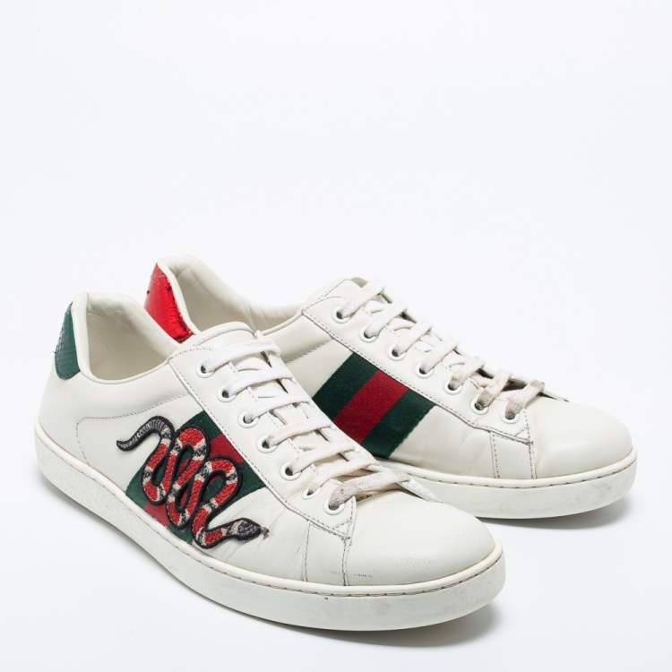 Pre Owned Gucci White Leather Ace Embroidered Snake Sneakers Size 42