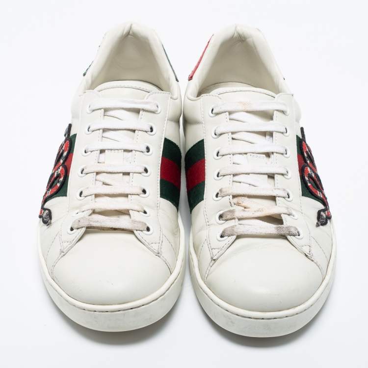 Pre Owned Gucci White Leather Ace Embroidered Snake Sneakers Size 42
