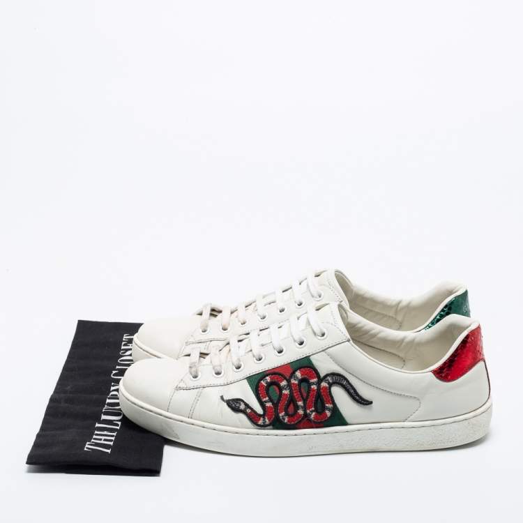 Pre Owned Gucci White Leather Ace Embroidered Snake Sneakers Size 42