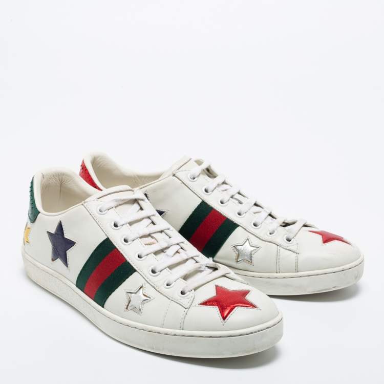 Pre Owned Gucci White Leather Ace Stars Low Top Sneakers Size 40.5