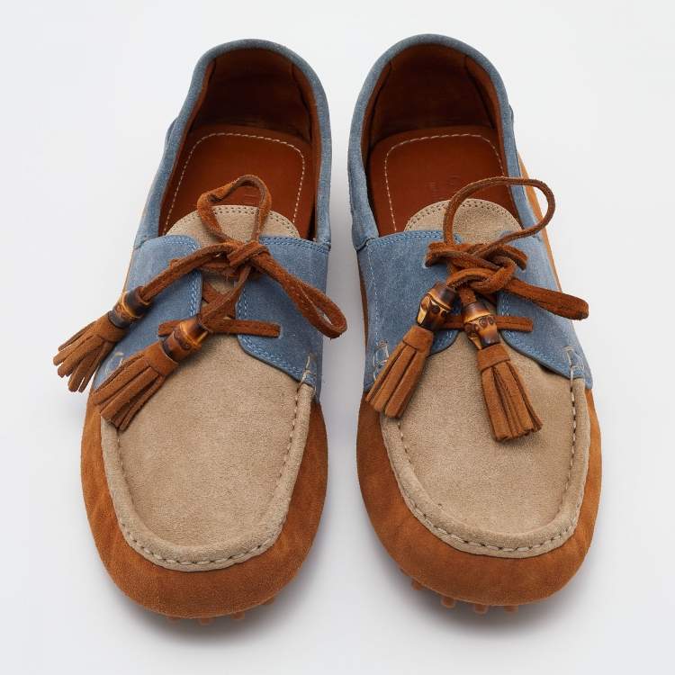 Pre Owned Gucci Multicolor Suede Bamboo Tassel Boat Loafers Size 43