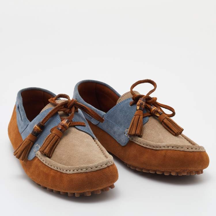 Pre Owned Gucci Multicolor Suede Bamboo Tassel Boat Loafers Size 43