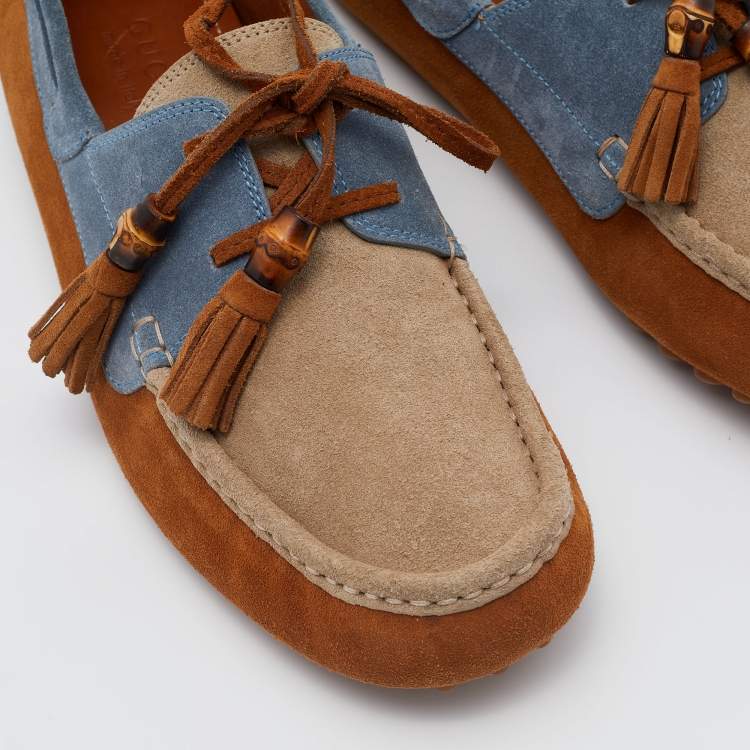 Pre Owned Gucci Multicolor Suede Bamboo Tassel Boat Loafers Size 43
