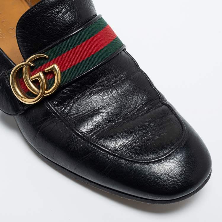 Pre Owned Gucci Black Leather GG Marmont Web Loafers Size 40