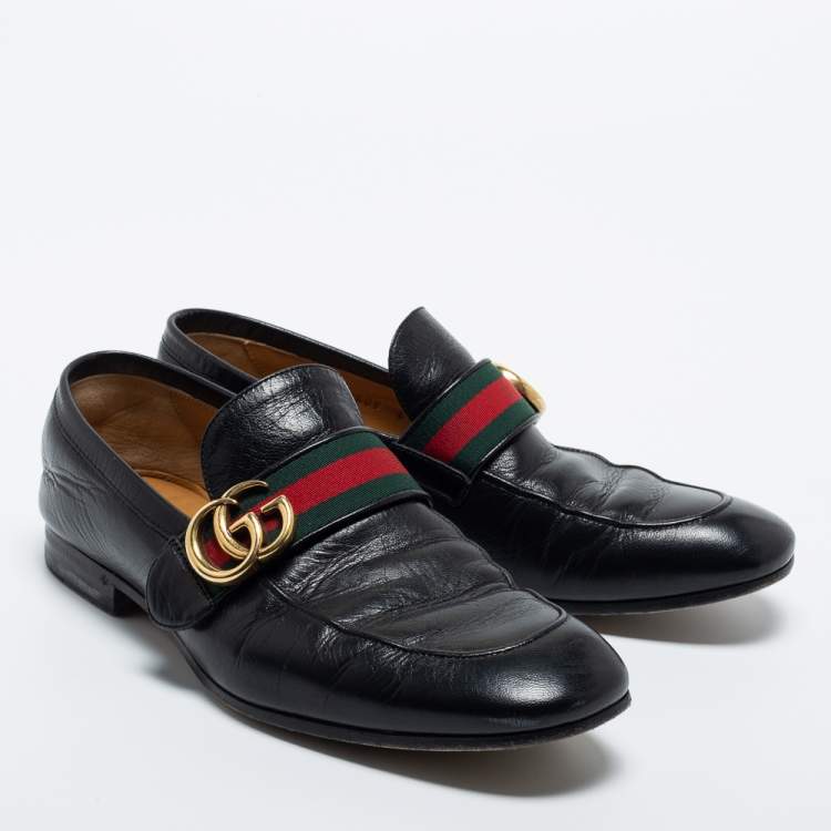 Pre Owned Gucci Black Leather GG Marmont Web Loafers Size 40