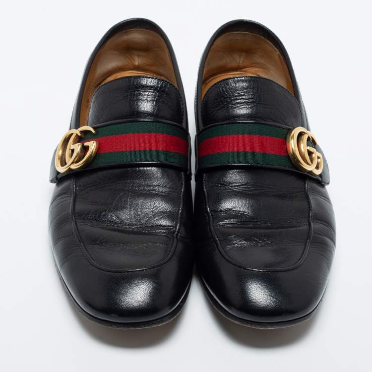 Pre Owned Gucci Black Leather GG Marmont Web Loafers Size 40