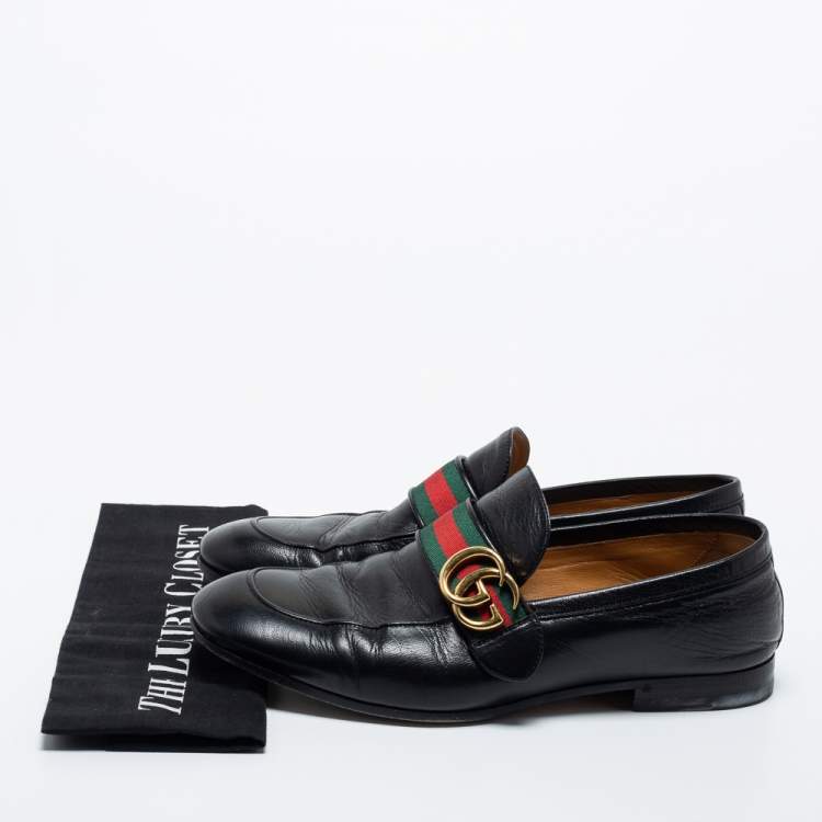Pre Owned Gucci Black Leather GG Marmont Web Loafers Size 40