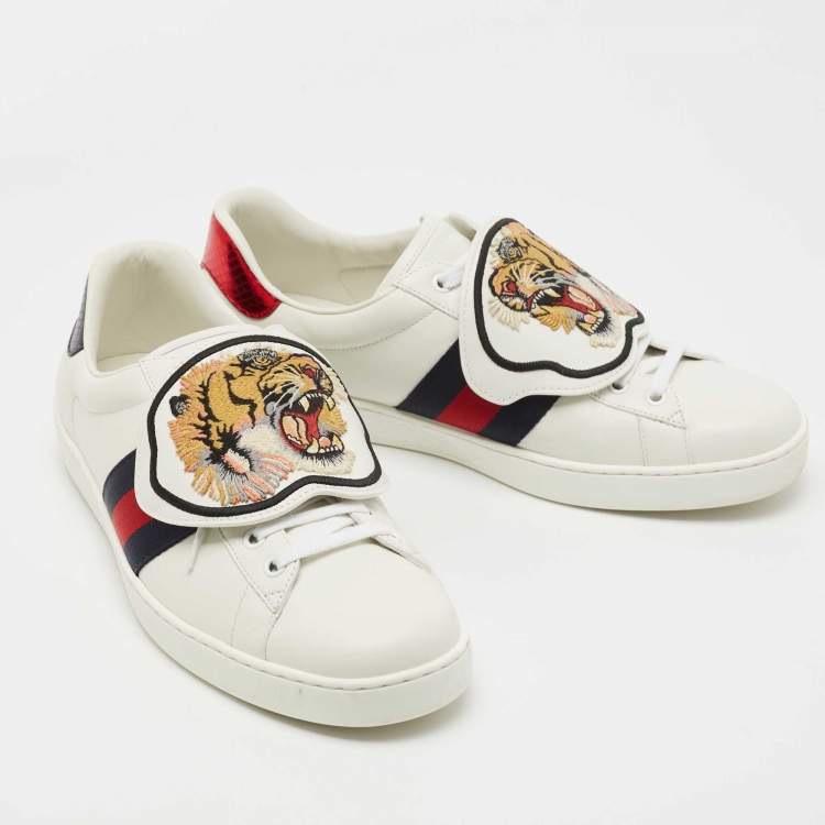 Pre Owned Gucci White Leather New Ace Tiger Strap Sneakers Size 43