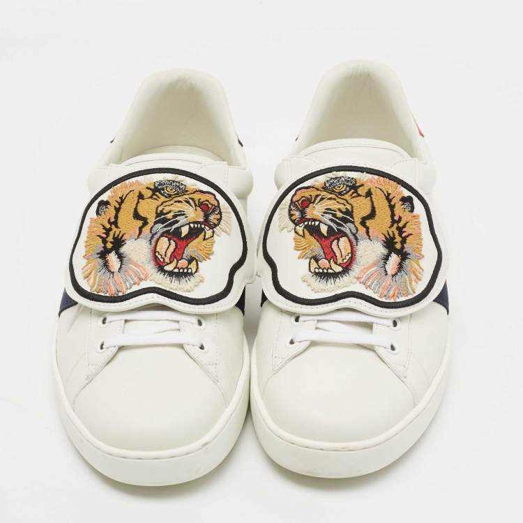 Pre Owned Gucci White Leather New Ace Tiger Strap Sneakers Size 43