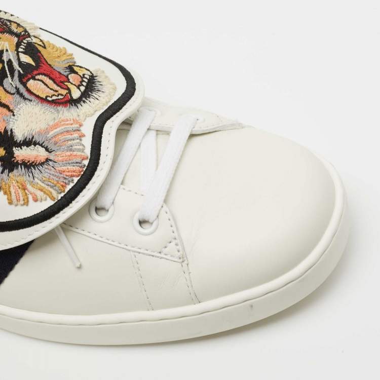 Pre Owned Gucci White Leather New Ace Tiger Strap Sneakers Size 43