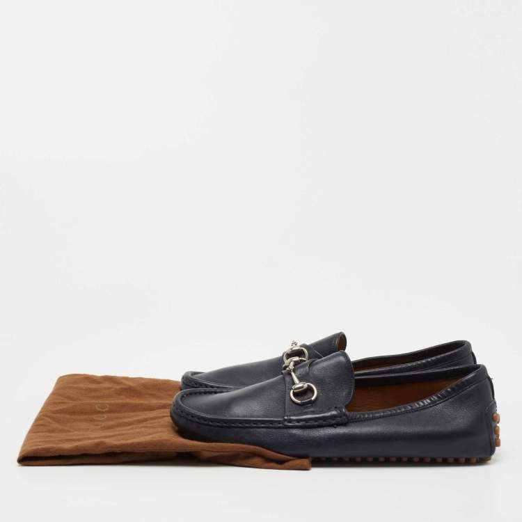 Pre Owned Gucci Navy Blue Leather Horsebit Driver Loafers Size 41