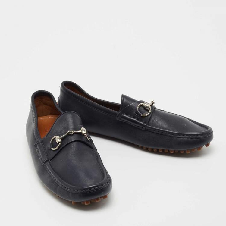 Pre Owned Gucci Navy Blue Leather Horsebit Driver Loafers Size 41