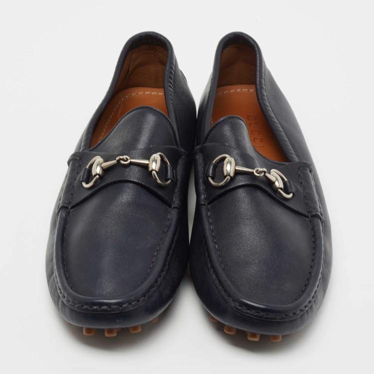Pre Owned Gucci Navy Blue Leather Horsebit Driver Loafers Size 41