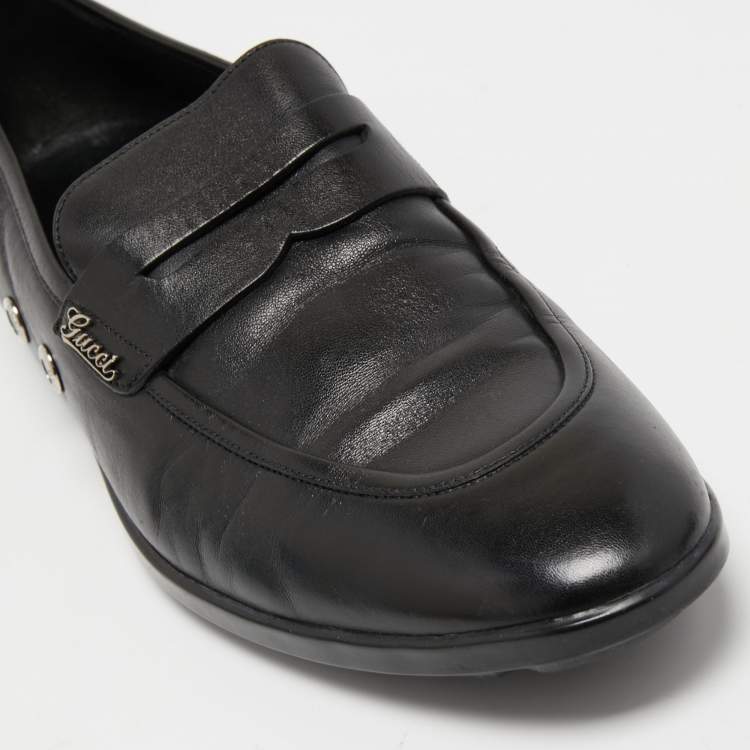 Pre Owned Gucci Black Leather Slip On Loafers Size 40.5